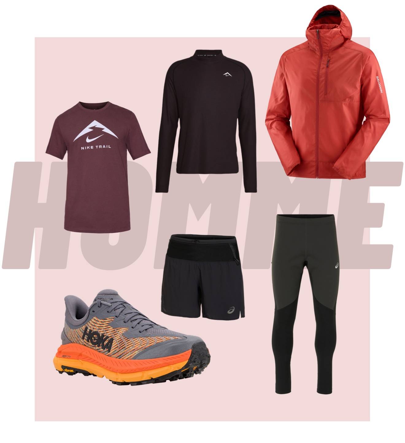 équipements sport trail homme t-shirt manche longue veste shorts pantalons collants chaussures