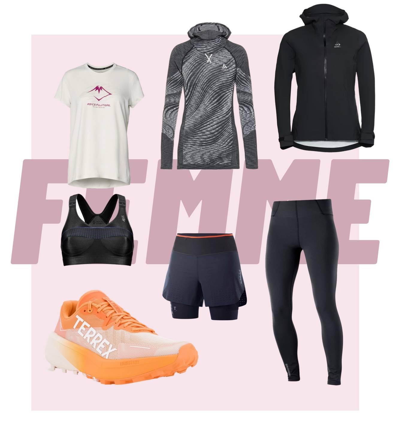 équipements sport trail femme t-shirt brassiere manche longue veste shorts leggings collants chaussures