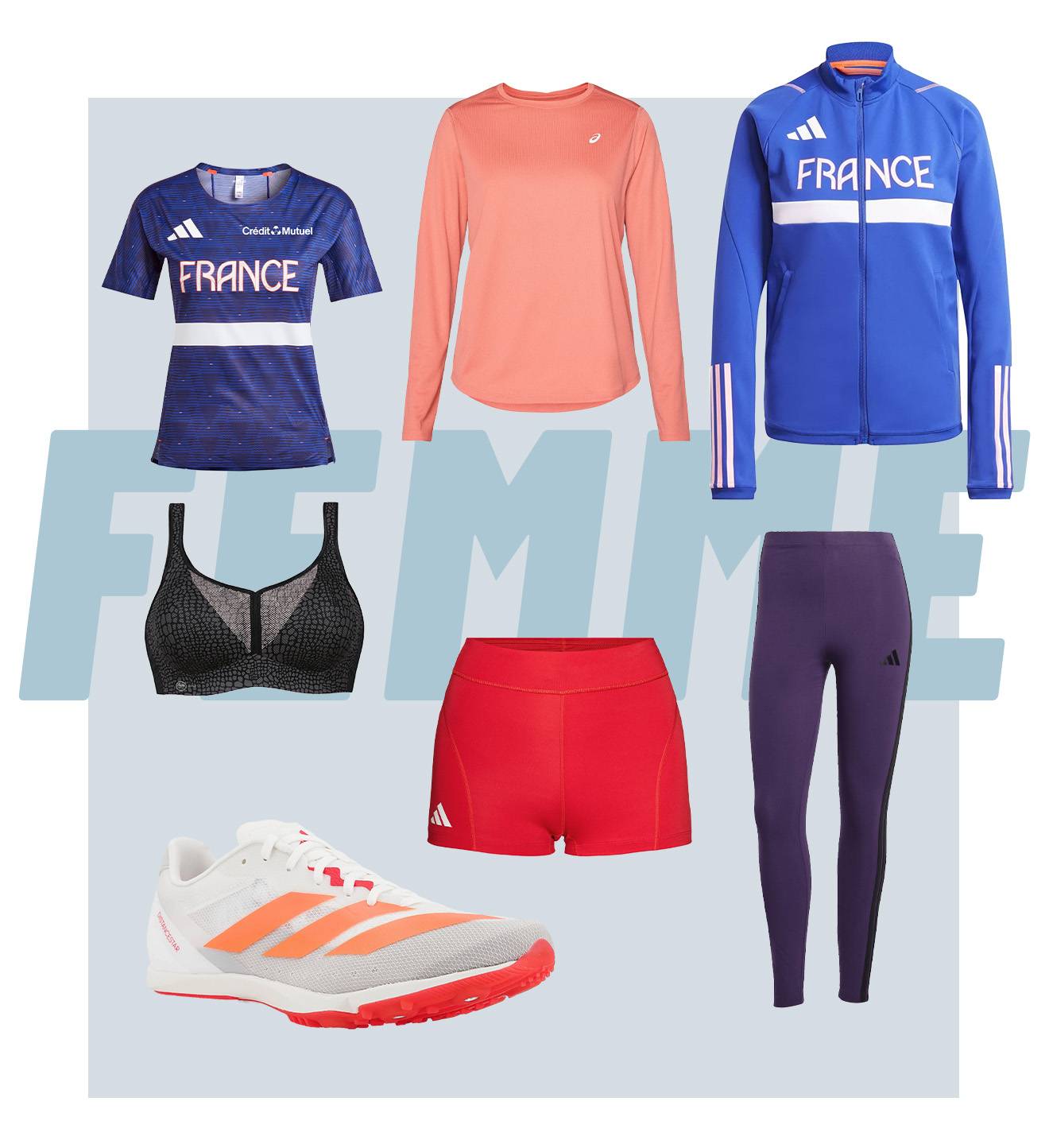 &eacute;quipements sport athl&eacute;tisme femme t-shirt brassiere manche longue veste shorts leggings collants chaussures