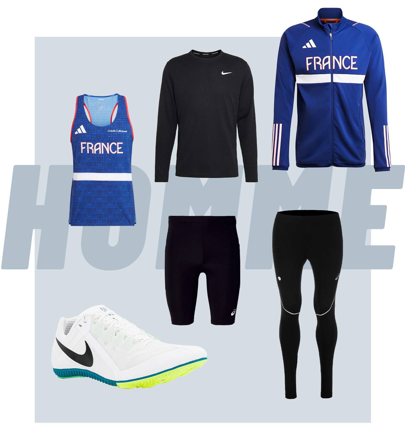 &eacute;quipements sport ath&eacute;tisme homme t-shirt manche longue veste shorts pantalons collants chaussures